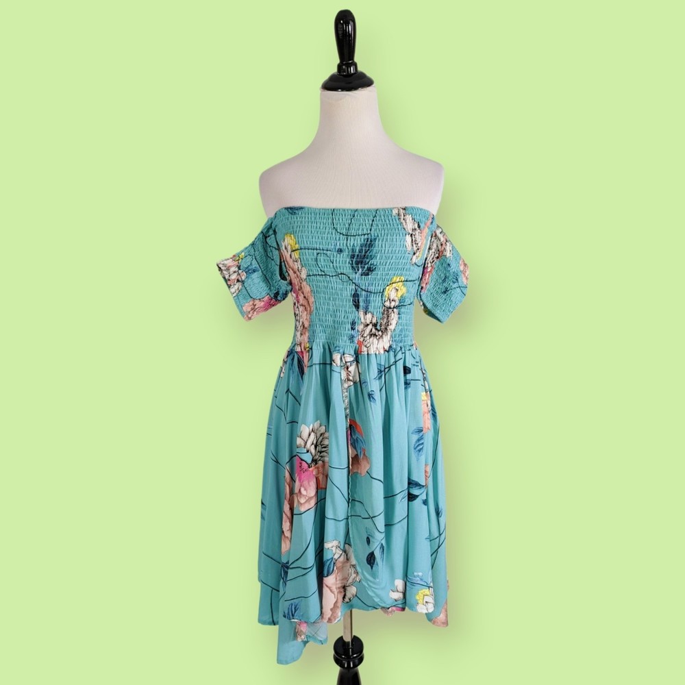 Jaase‎ Women's Mini Dress S Multicolor Smocked Floral Rayon Boho cold shoulders